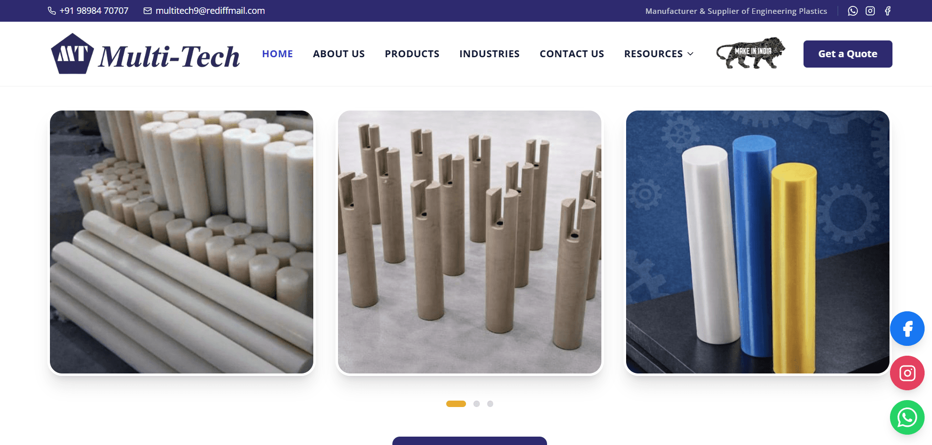 The Multi-Tech Polymers homepage, showing the product carousel of machined PTFE and nylon rods above the main navigation