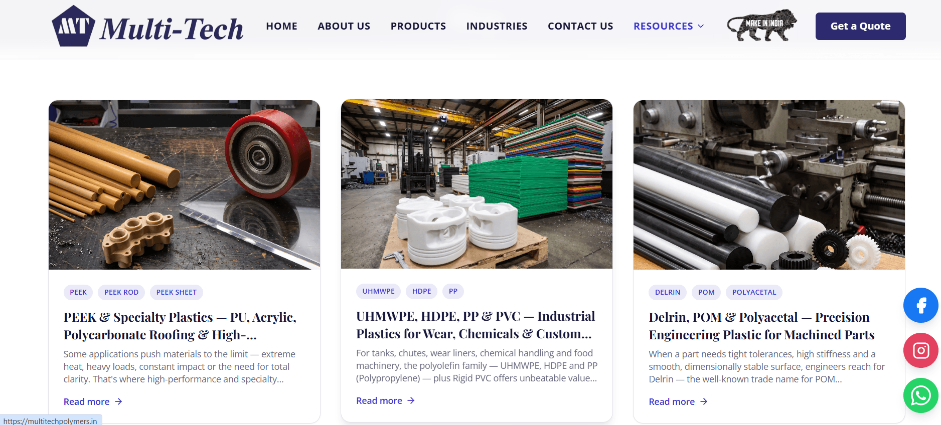 The Multi-Tech Polymers homepage, showing the product carousel of machined PTFE and nylon rods above the main navigation