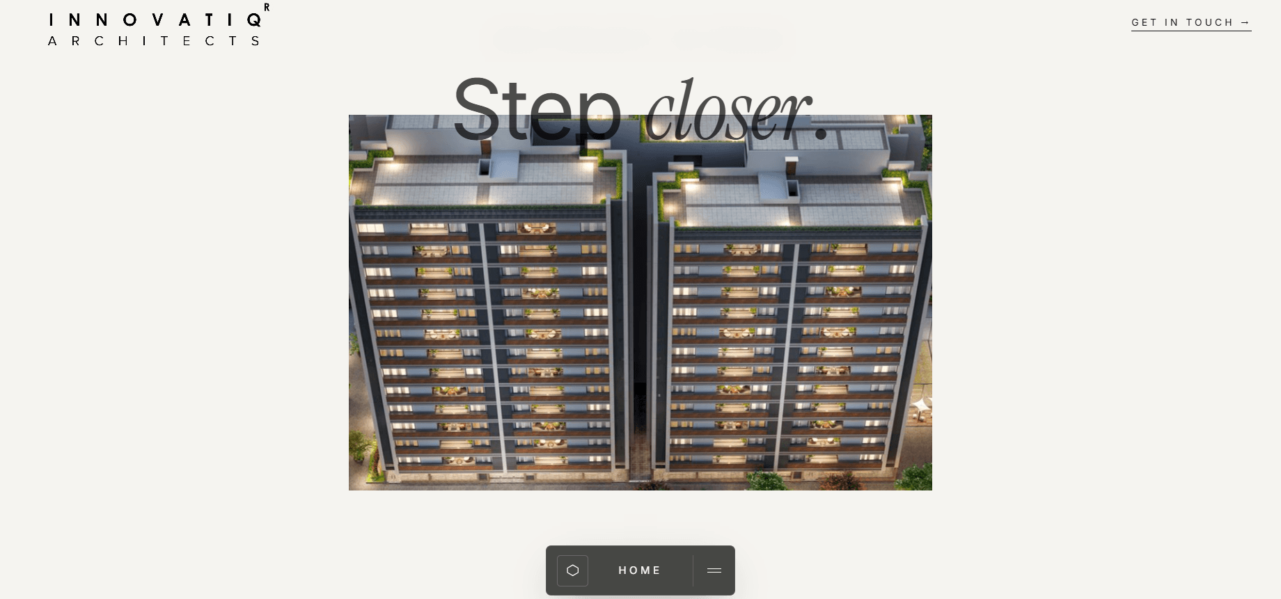 The Innovatiq Architects homepage: the headline "Design beyond the human experience" set over a dusk photograph of a landscaped high-rise residential approach