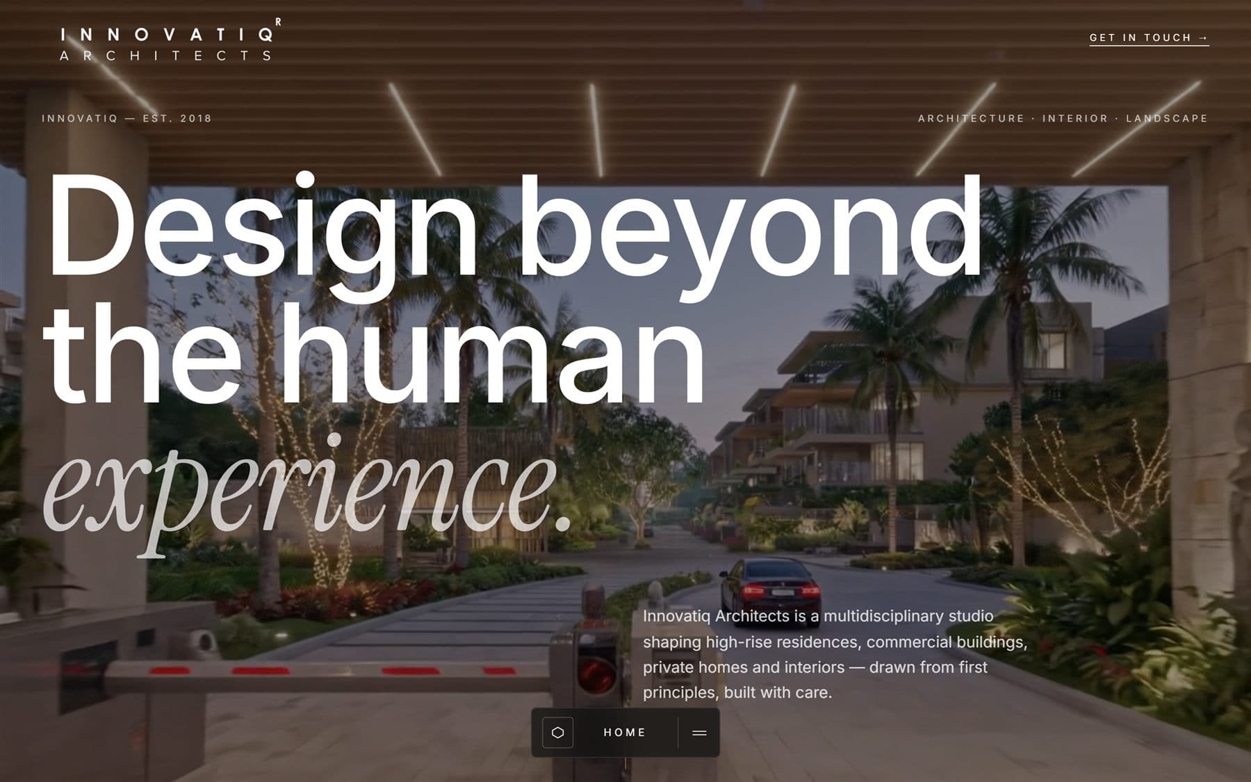 The Innovatiq Architects homepage, showing the studio wordmark and full-bleed project photography